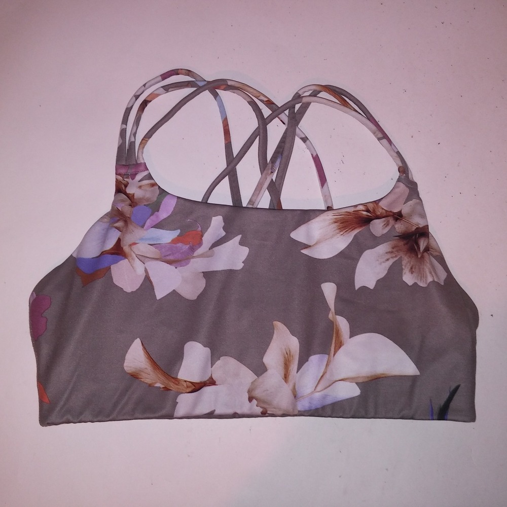 Athleta Sports Bra Medium Gray Floral Strappy Racerback Wireless